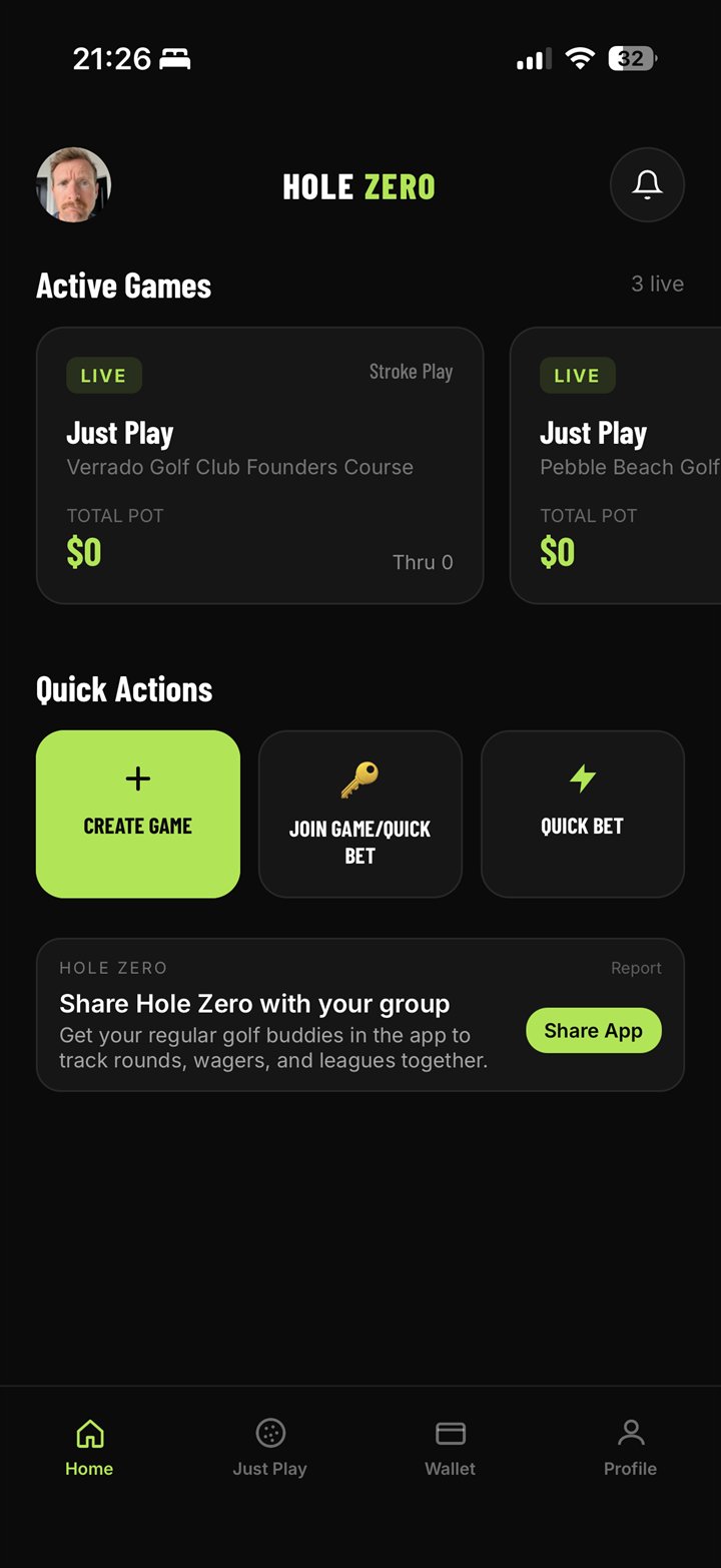 Hole Zero home screen showing live games and quick actions to create a game, join a game, or start a quick bet