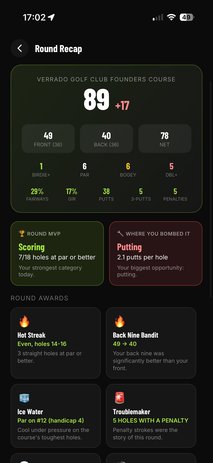 Round Recap: score breakdown by nine, fairways, greens, putts, penalties, and round awards