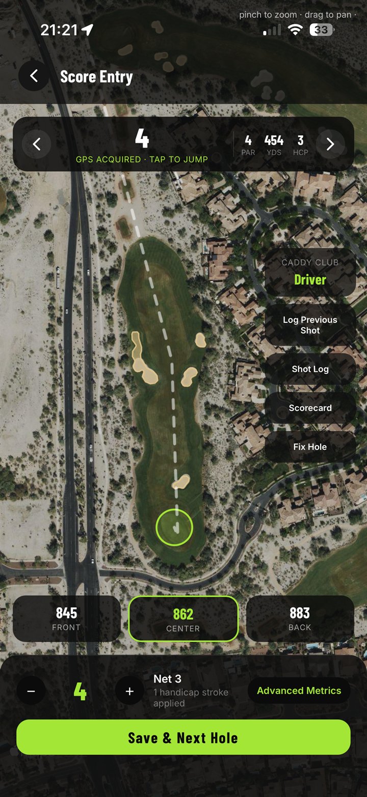 Score Entry: satellite hole map with front, center, and back yardages, the caddy's club pick, and the hole's par, yardage, and handicap