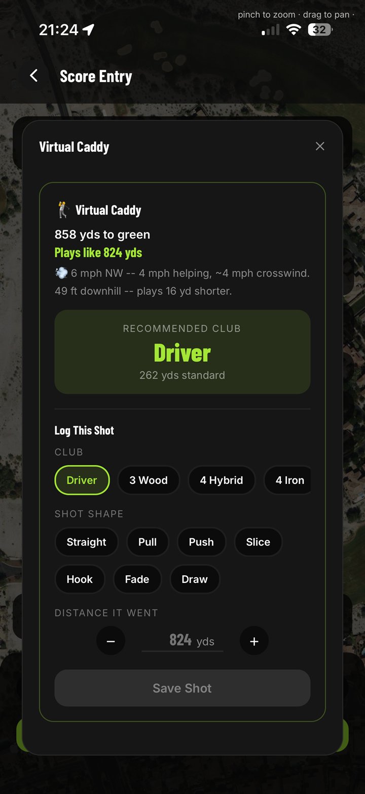 Virtual Caddy: plays-like distance adjusted for wind and elevation with a recommended club